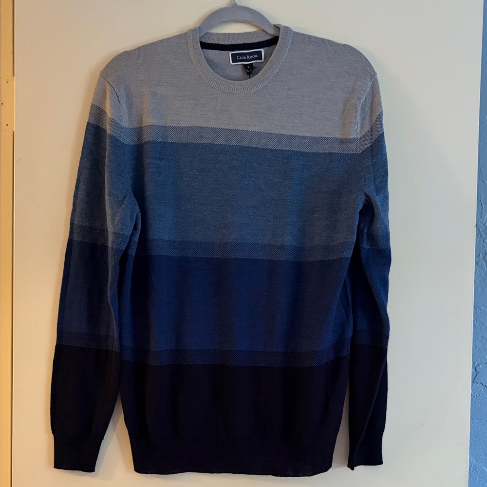 NWT Club‎ Room Men's Wool Blend Gray and Blue Striped Long Sleeve Sweater, small